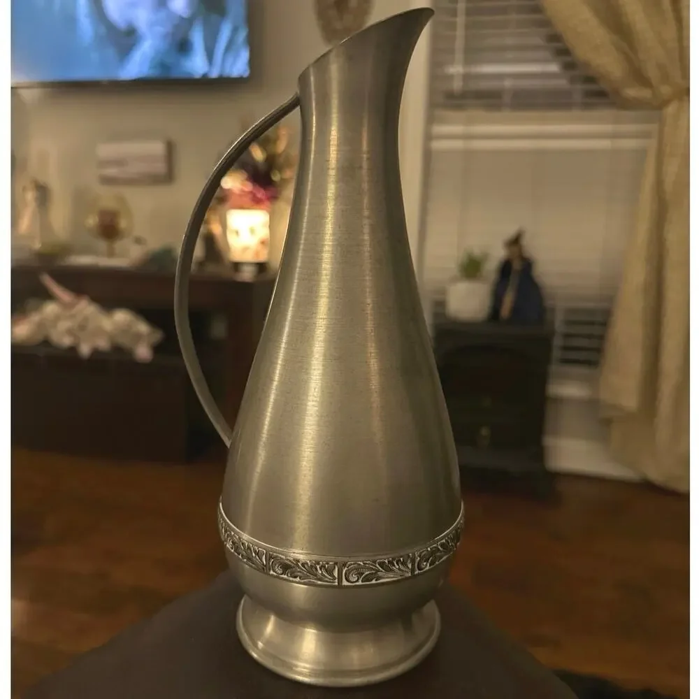VINTAGE Norsk Tinn PEWTER Metal Pitcher Jug VASE‎ Scrollwork 9.5 “ w/handle READ